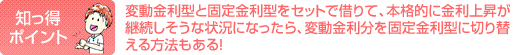 変動金利型と固定金利型をセットで借りて本格的に金利上昇が継続しそうな状況になったら変動金利分を固定金利型に切り替える方法もある